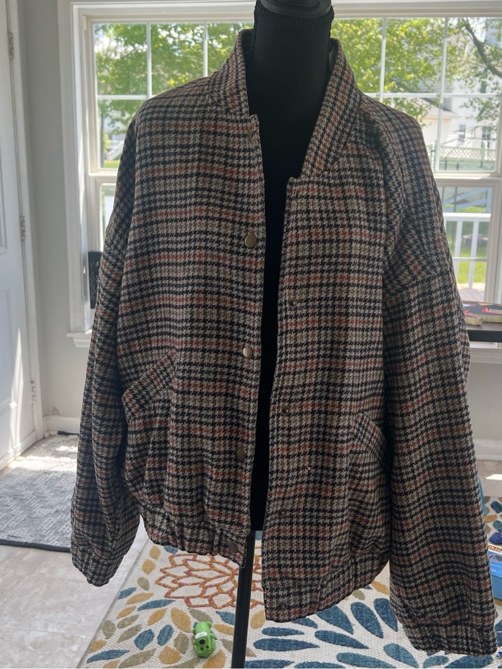 Women Houndstooth Bomber Jacket - Brown/Black Check